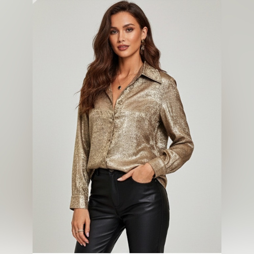 Metallic Gold Long Sleeve Button Down Shirt